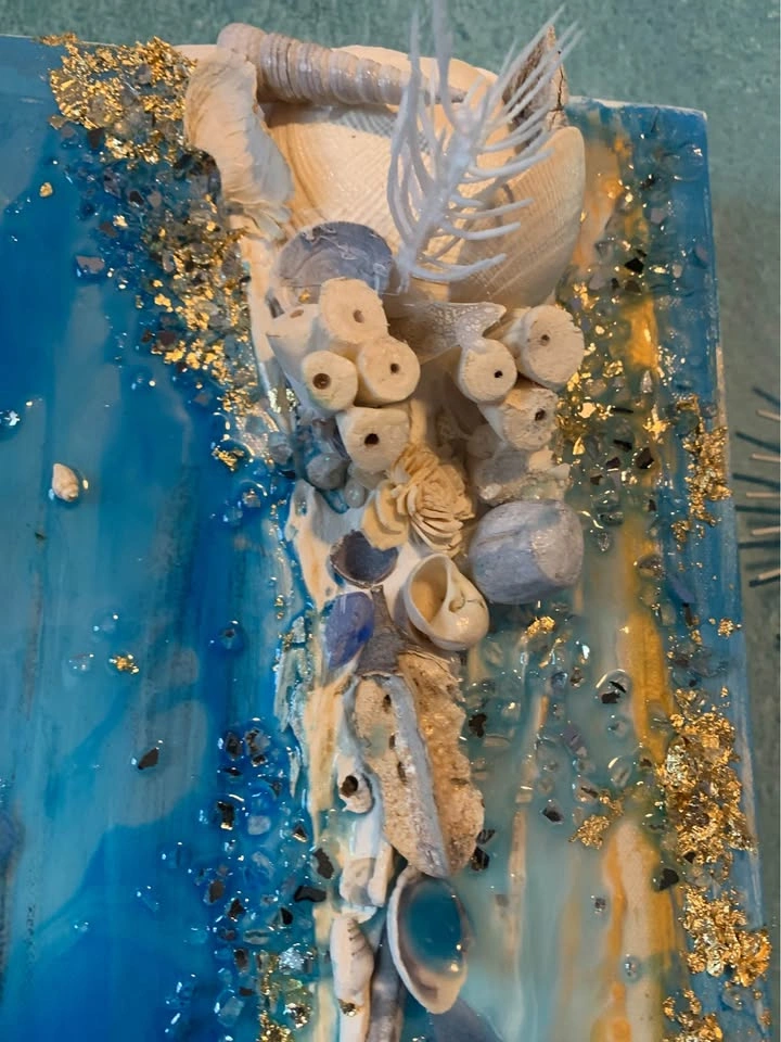 Luxury Coastal Resin Art - Seashell & Gold Leaf Ocean Wall State - photo 3