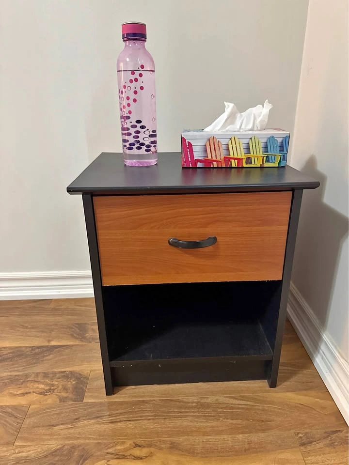 Black and wood tone 1 drawer + shelf nightstand