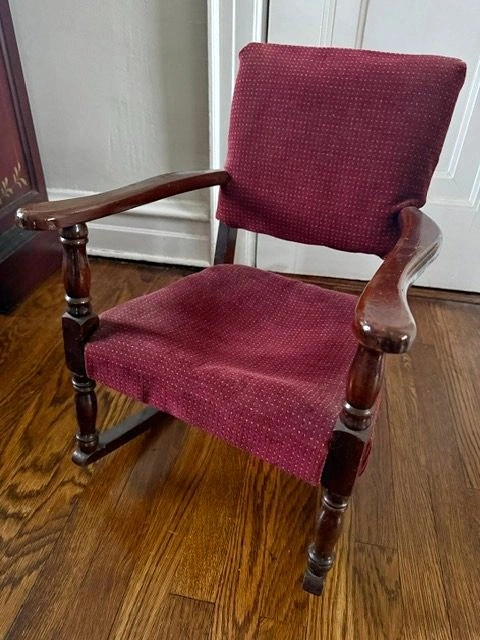 Vintage 1940's Child's Upholstered Wood Rocking Chair