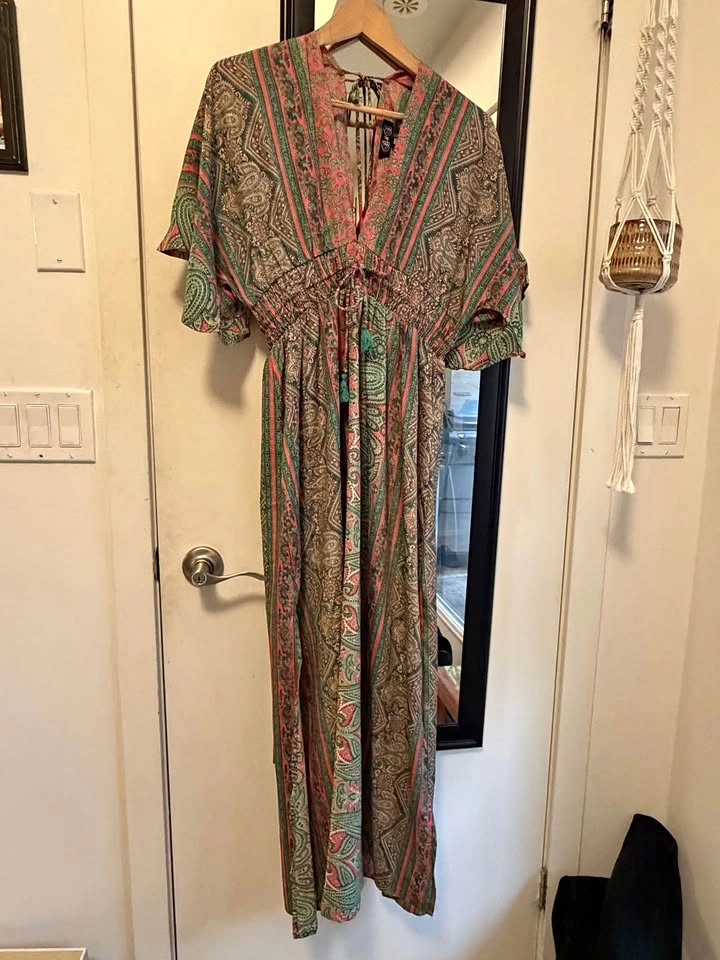 Boho Paisley Coral Green Maxi Dress