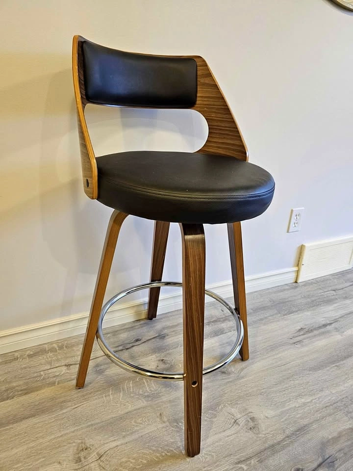Walnut and faux leather swivel bar stool