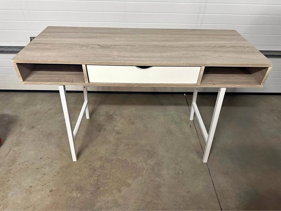Modern Wood and White Metal Desk with Drawer