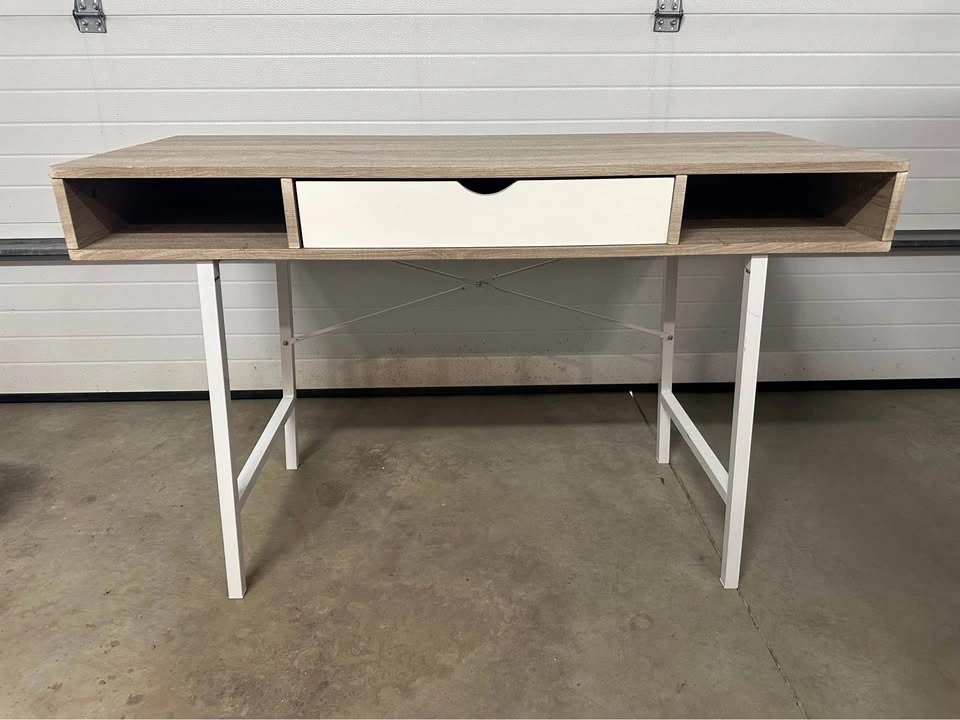 Modern Wood and White Metal Desk with Drawer - photo 3