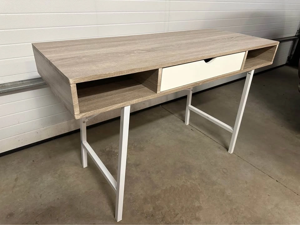 Modern Wood and White Metal Desk with Drawer - photo 4