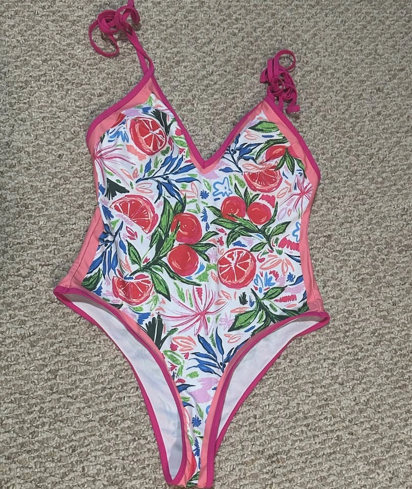 NEW V-neck one piece swimsuit floral fruit print pink trim tie s