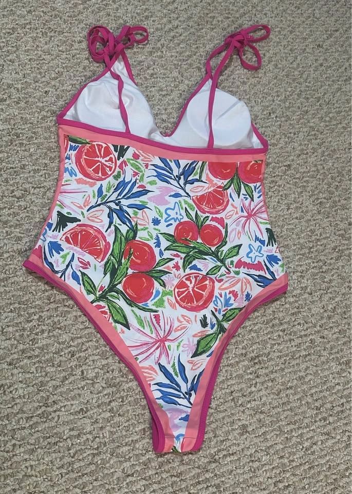 NEW V-neck one piece swimsuit floral fruit print pink trim tie s - photo 2