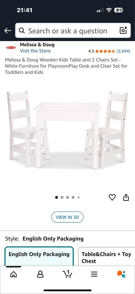 Melissa & Doug Wooden Kids Table and 2 Chairs Set - White