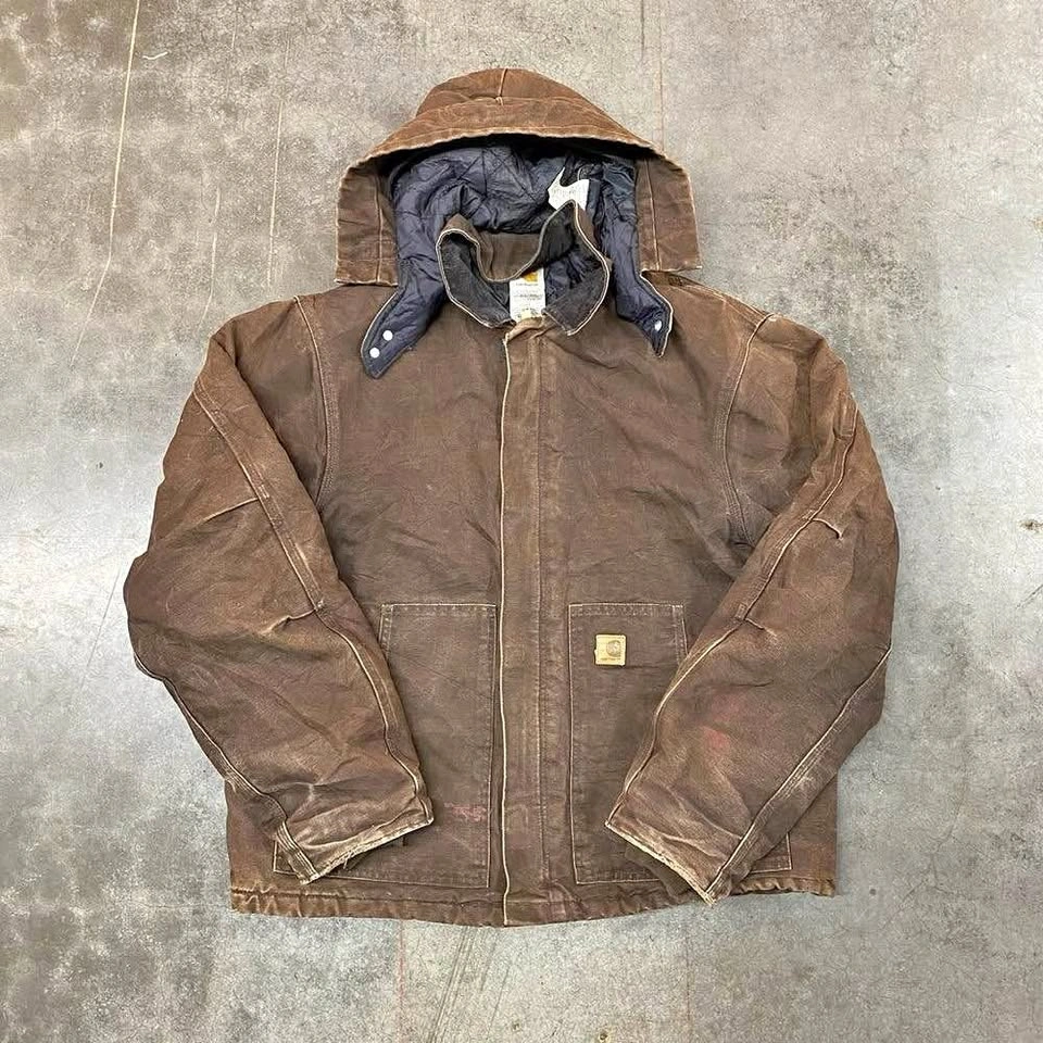 Vintage Carhartt J22 DKB Duck Active Hooded Work Jacket Brown Me