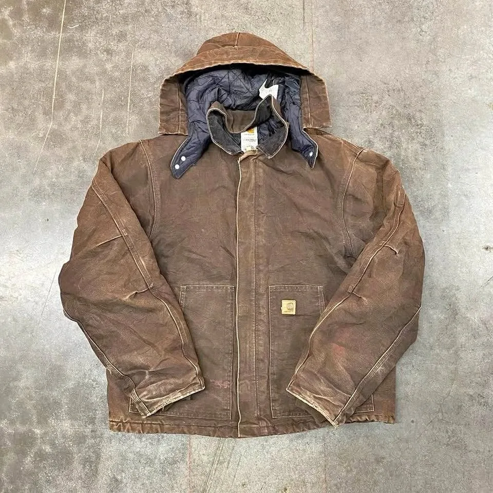Vintage Carhartt J22 DKB Duck Active Hooded Work Jacket Brown Me