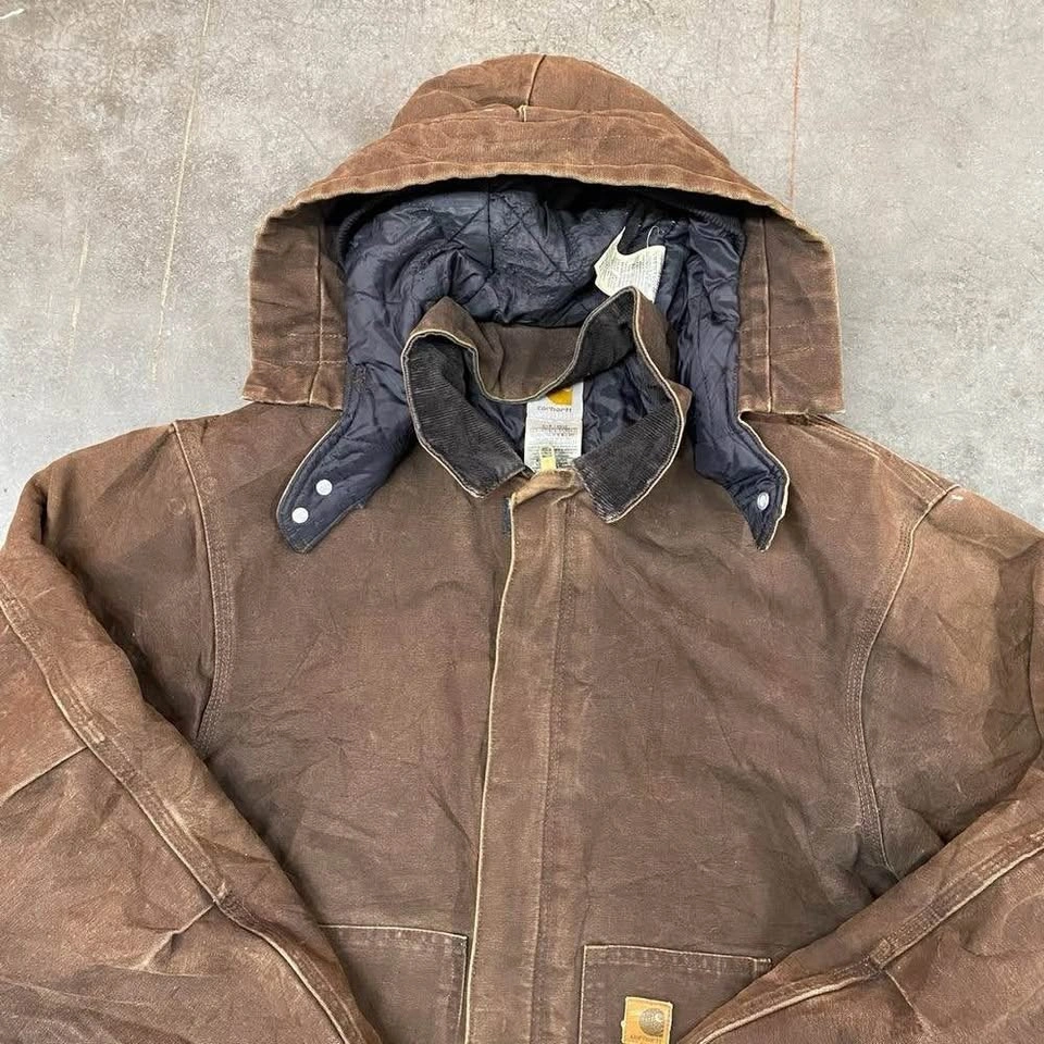 Vintage Carhartt J22 DKB Duck Active Hooded Work Jacket Brown Me - photo 5
