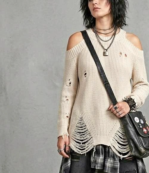 Vintage Havana Cream Distressed Cold Shoulder Tunic Sweater - Si
