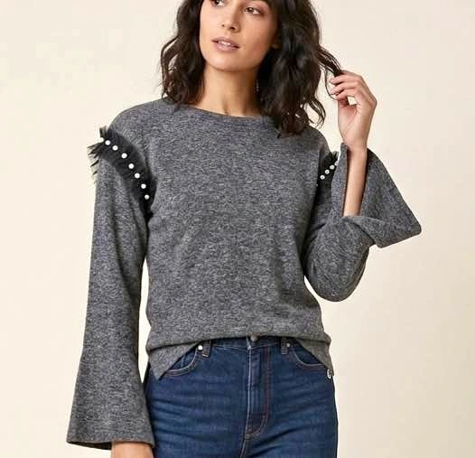 Coin 1804 Gray Pearl Embellished Bell Sleeve Sweater Size Small