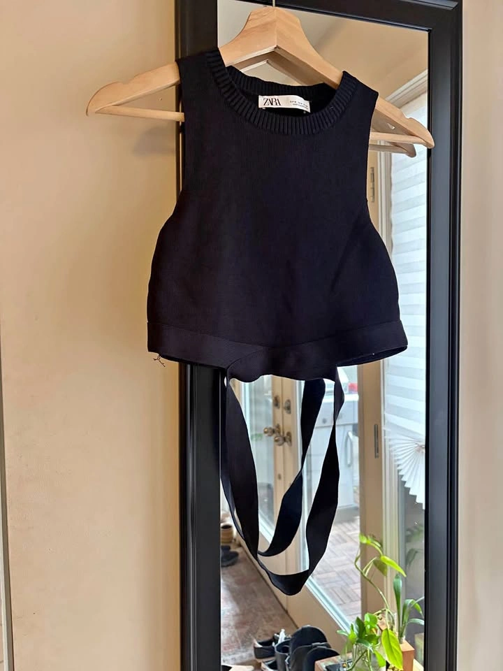 Zara Black Knit Crop Top Tie Back M