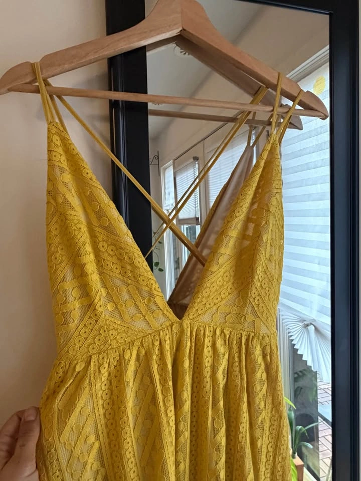 Yellow Lace Deep V-Neck Criss-Cross Back Maxi Dress - Small - photo 3
