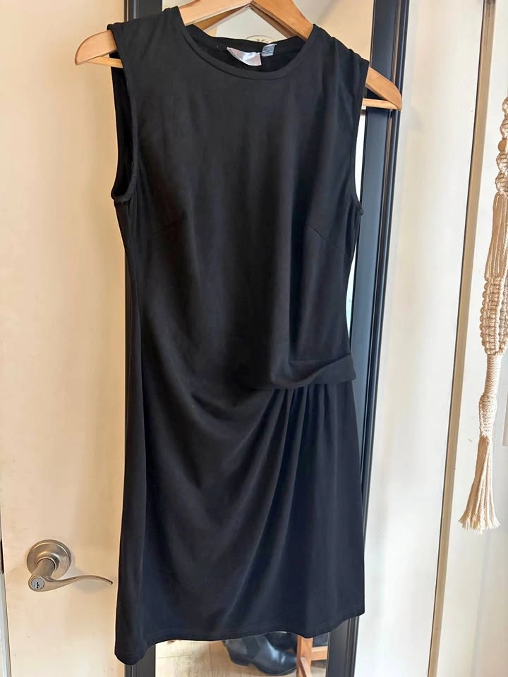 Black Sleeveless Ruched Suede Dress - Medium