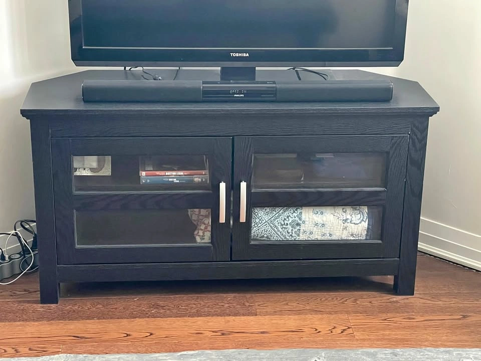 Dark Wood TV Stand / Media Console with Glass Doors