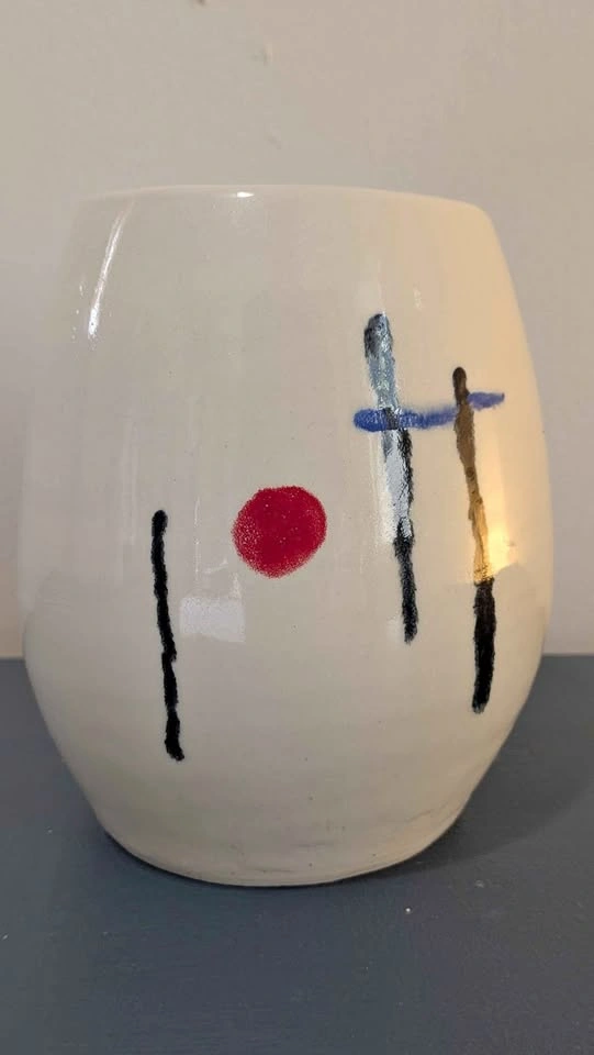 Abstract Studio Pottery Vase, White with Red/Blue/Black Accents