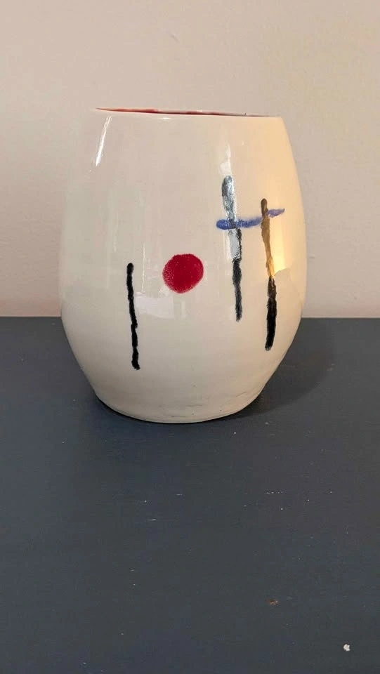 Abstract Studio Pottery Vase, White with Red/Blue/Black Accents - photo 2