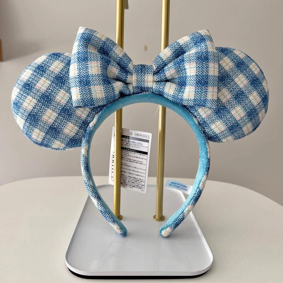 Gingham Check Summer Plaid Blue Minnie Ears Tokyo Disneyland NWT