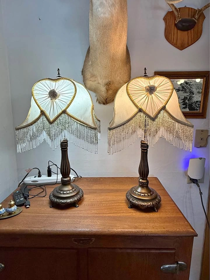Vintage Dale Tiffany Table Lamps - Pair w/ Fringe Shades