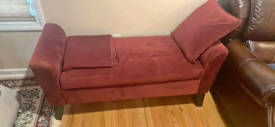 Burgundy Velvet Storage Bench with Rolled Arms