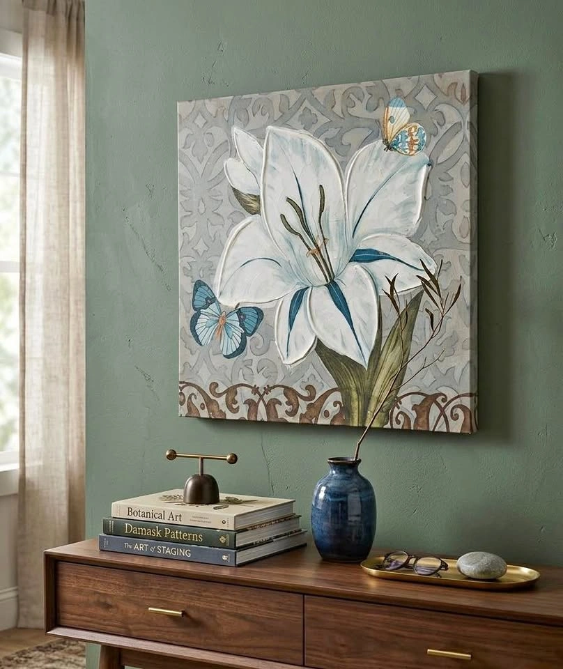 White Lily Butterfly Canvas Art