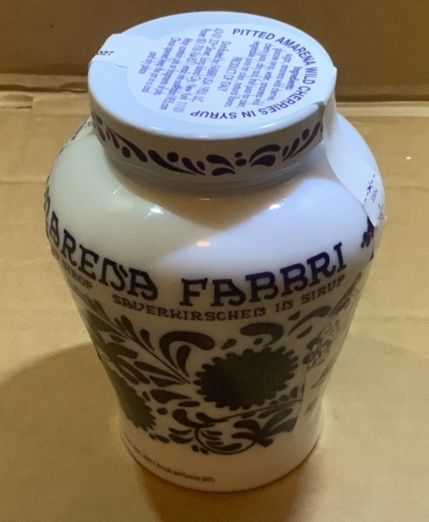 Amarena Fabbri Milk Glass Jar With Cherries Blue White Floral 5.