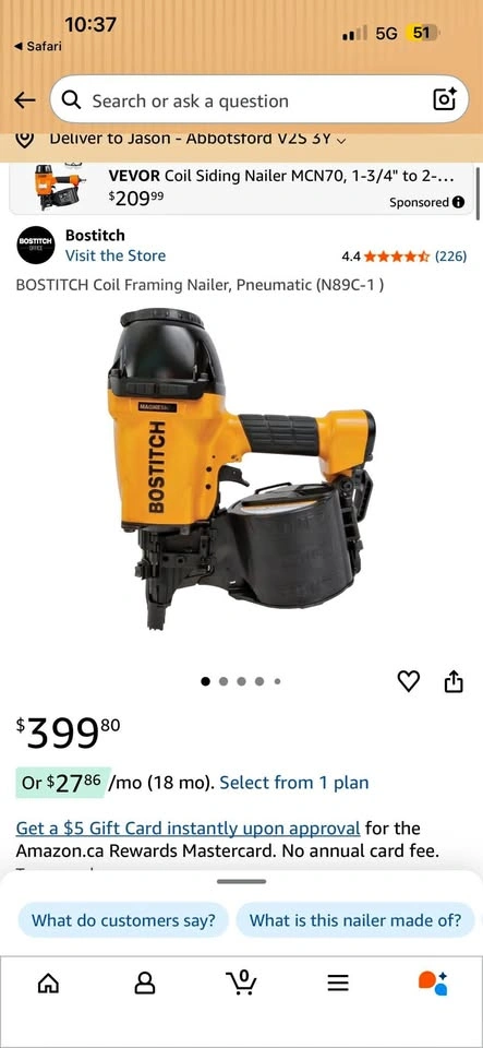 Bostitch N89C HIGH POWER 15° COIL FRAMING NAILER