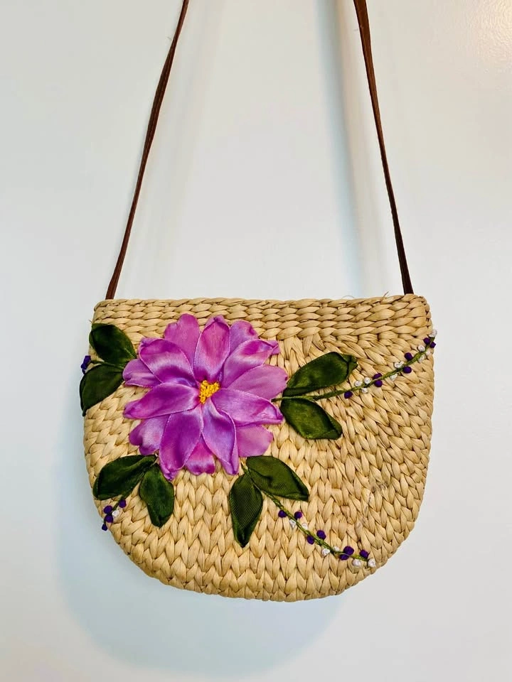 Woven Straw Shoulder Bag with Purple Flower