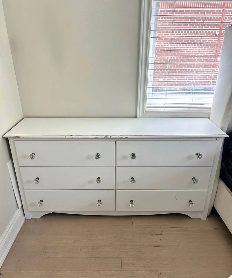 White 6-Drawer Dresser with Crystal Knobs