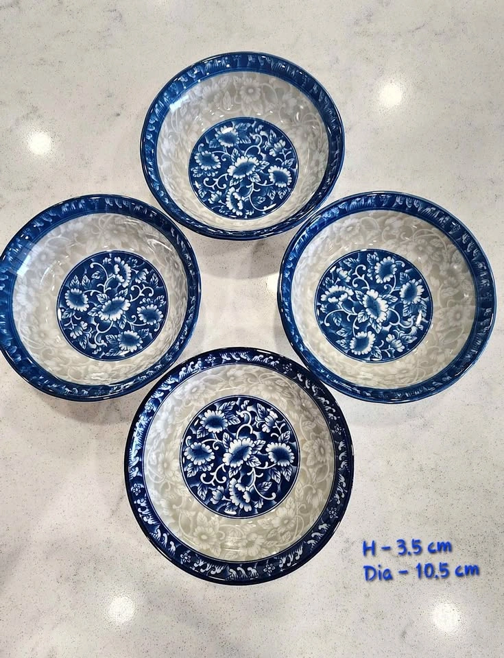 Set of 4 Blue Floral Ceramic Bowls