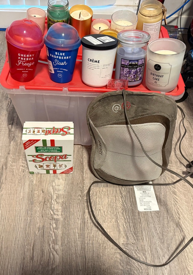 Container of candles and more