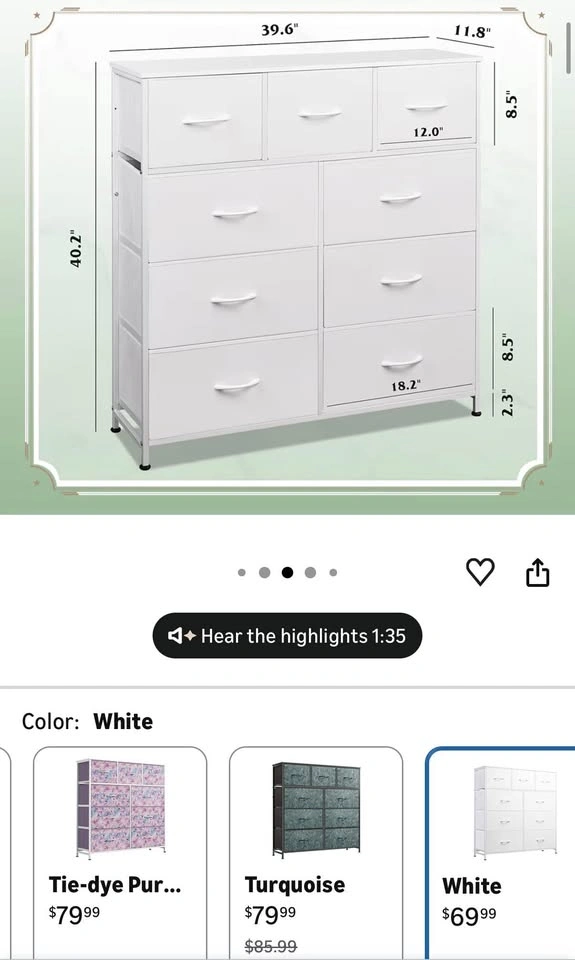 WLIVE 9-Drawer Fabric Dresser Storage Tower - White - photo 3