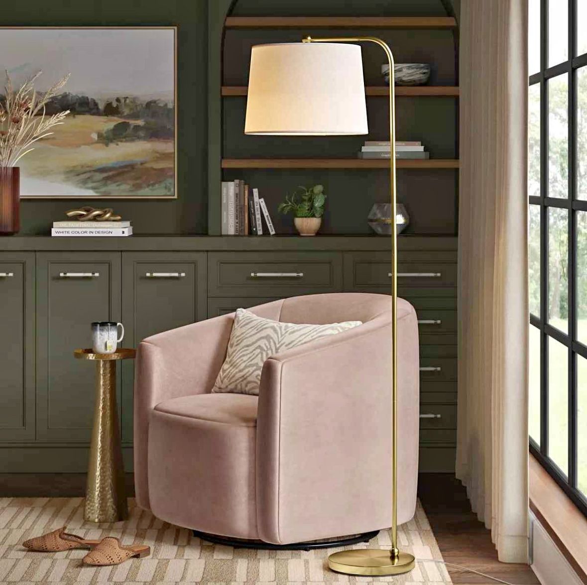 Downbridge Floor Lamp with White Shade - Brass Finish