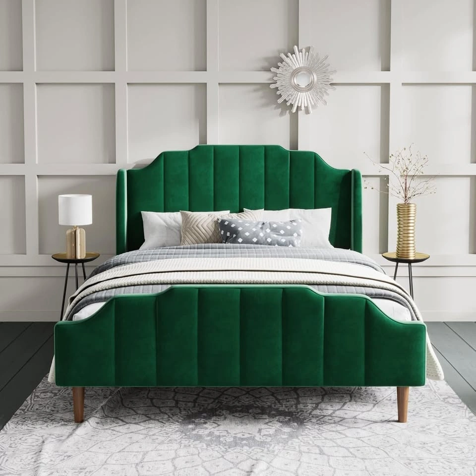 SHA CERLIN Wood Queen Bed Frame - Velvet Wingback