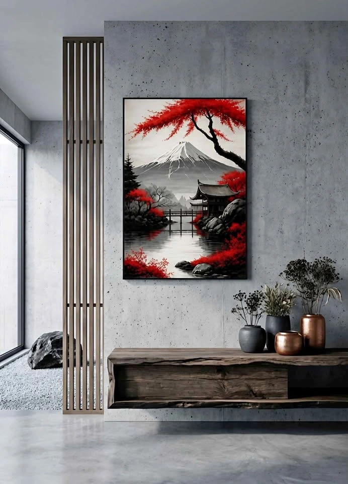 Japanese Landscape Mount Fuji Red Tree Wall Art