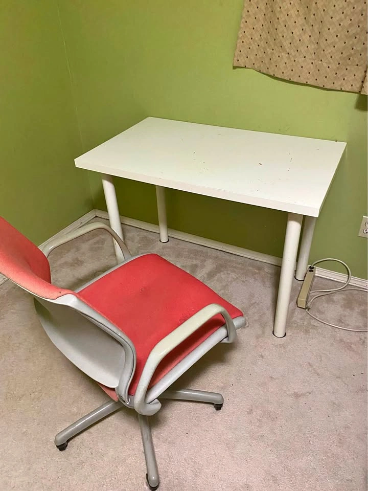 Ikea Desk and Red Swivel Chair