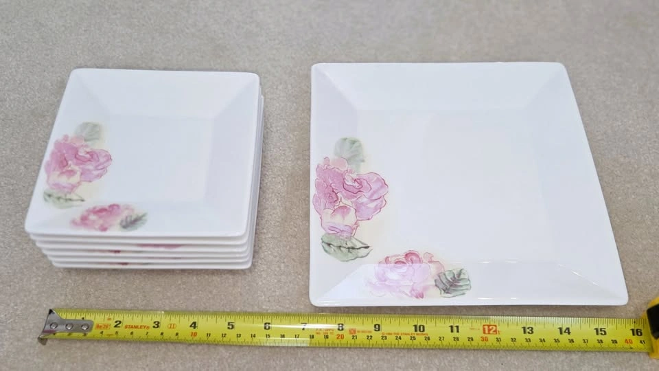 Modern Square Pink Rose Ceramic Plate Set (7 Pieces)
