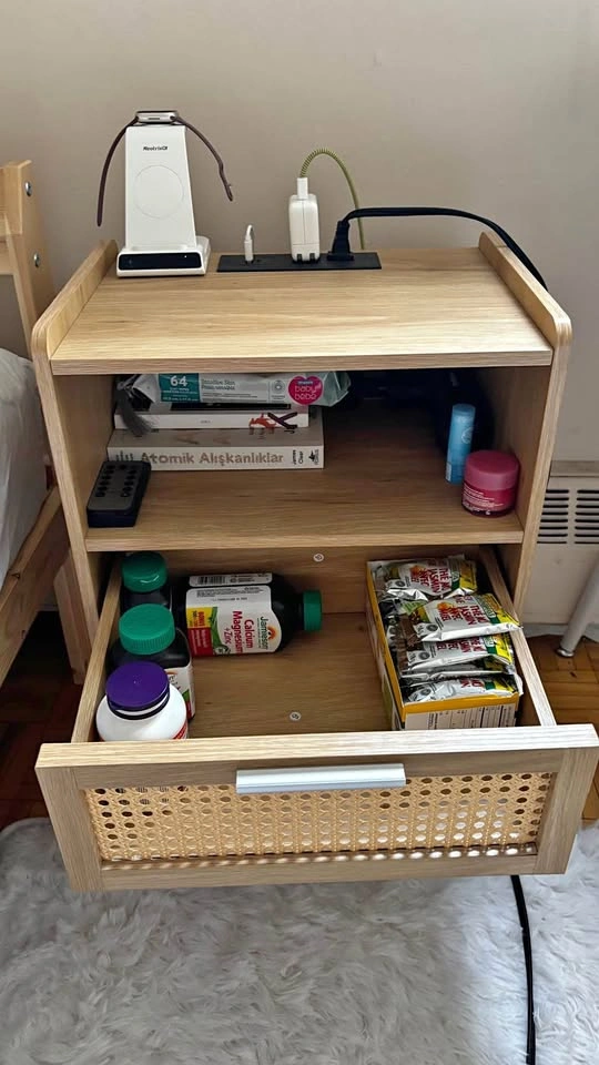 Rattan Drawer Nightstand with Built-in Power Station
