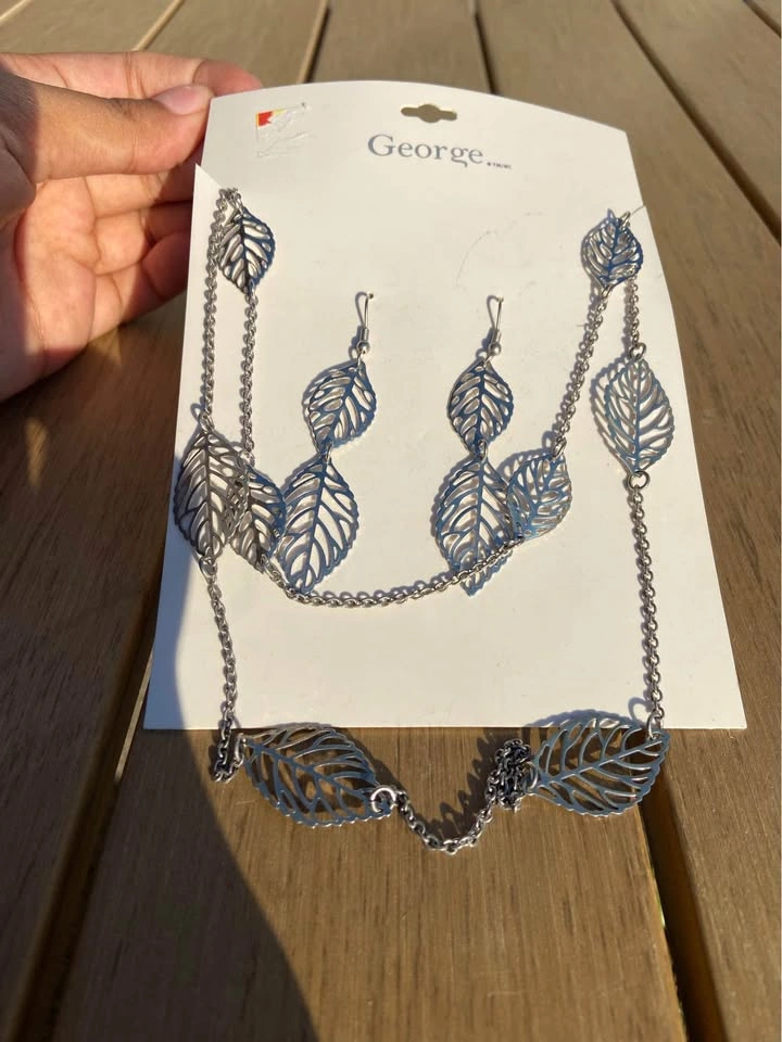 Silver Leaf Earrings and Necklace Jewelry Set