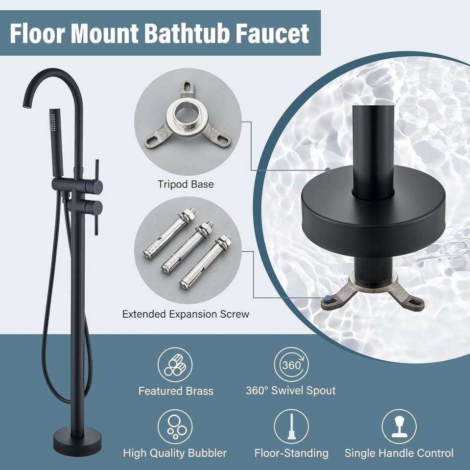 Matte Black Freestanding Tub Filler Floor Mount Bathtub Faucet - photo 3