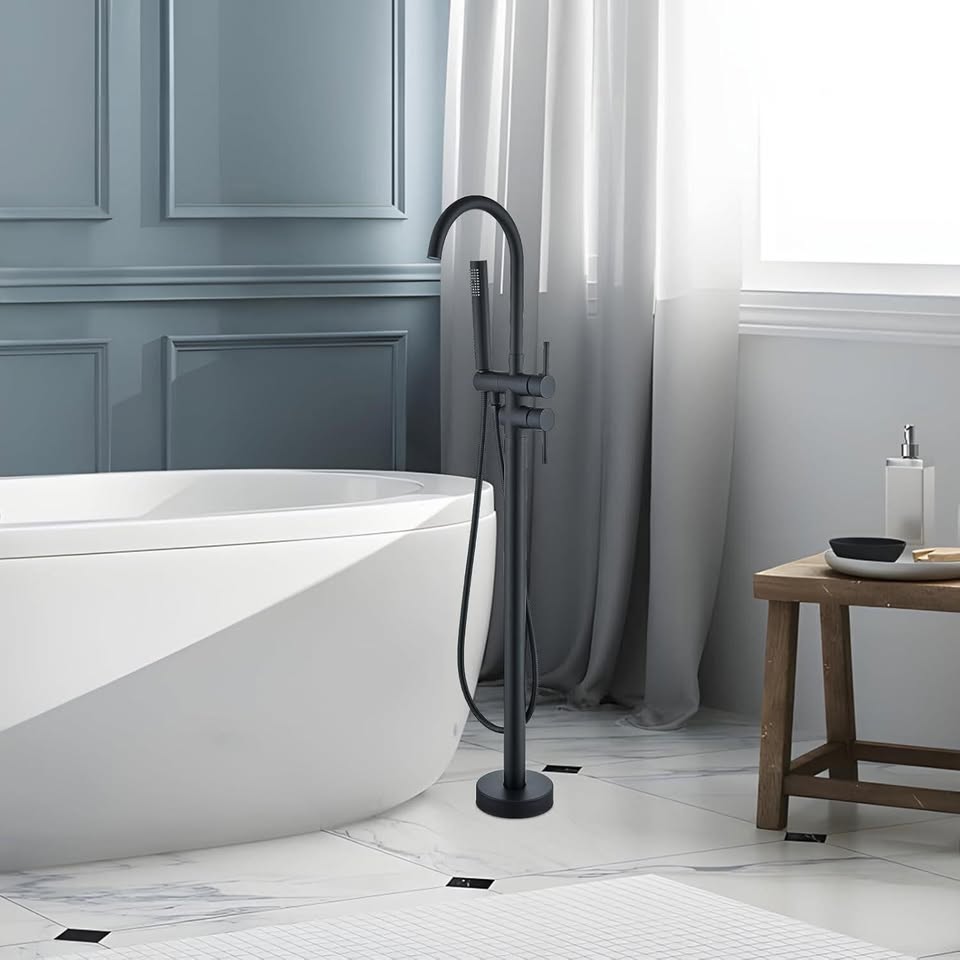 Matte Black Freestanding Tub Filler Floor Mount Bathtub Faucet - photo 4