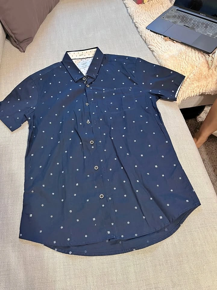Navy Modern Patterned Short Sleeved Button-up