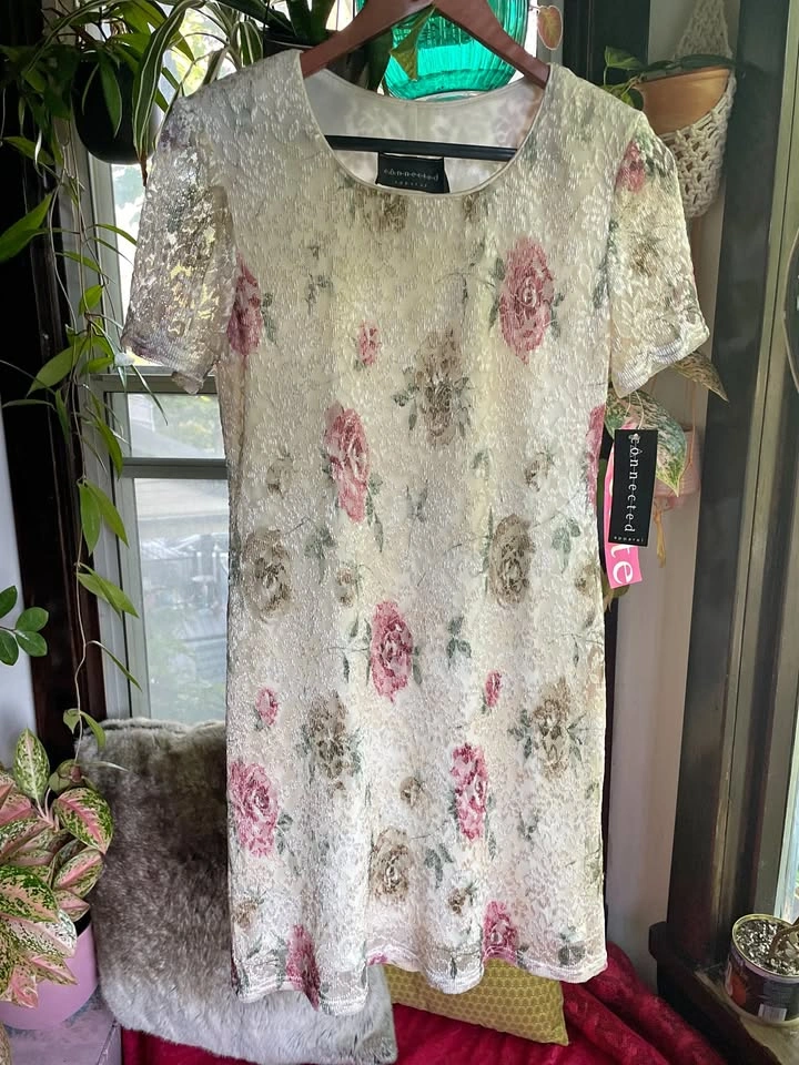 90s White Floral Dress with Lace Overlay, S