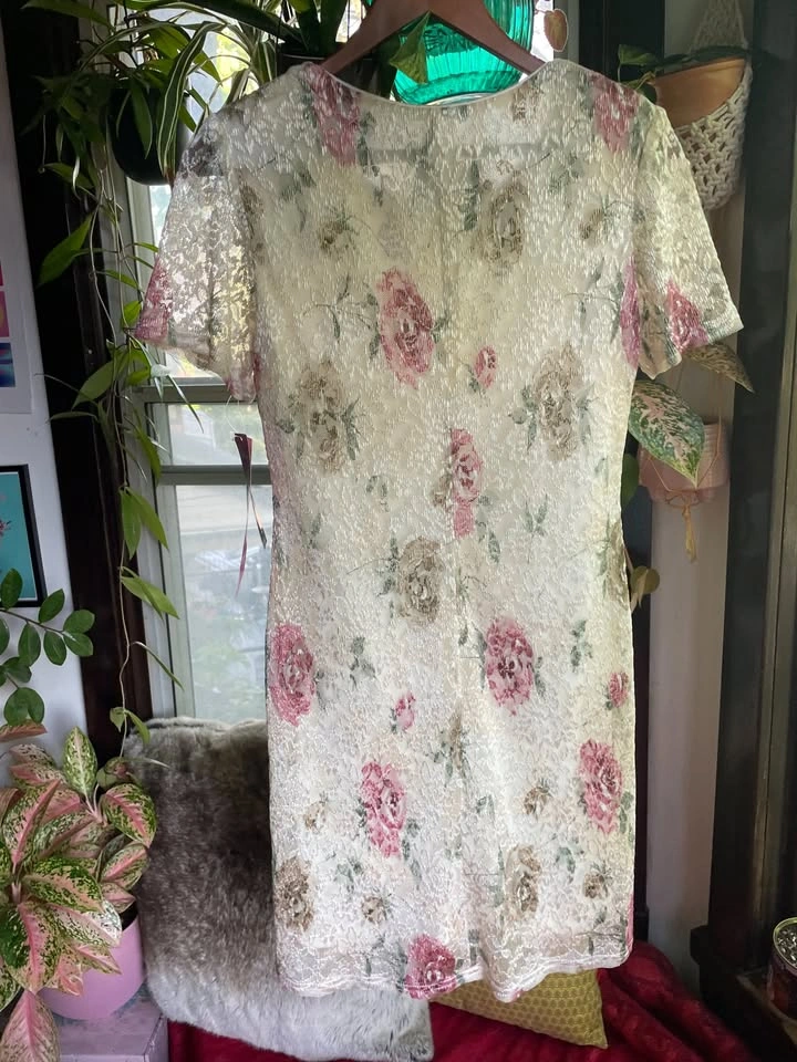 90s White Floral Dress with Lace Overlay, S - photo 2