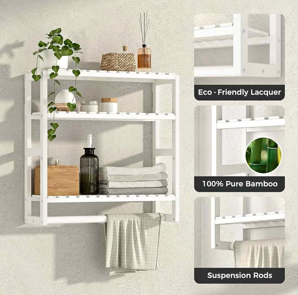 Bamboo 3-Tier Wall Mounted Shelf with Towel Bar
