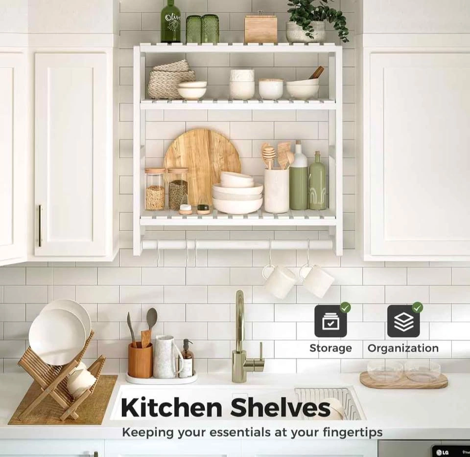 Bamboo 3-Tier Wall Mounted Shelf with Towel Bar - photo 2