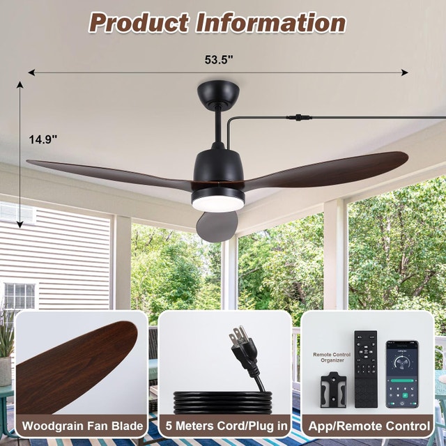 52" Outdoor Ceiling Fan with Light - Woodgrain DC Motor - photo 2