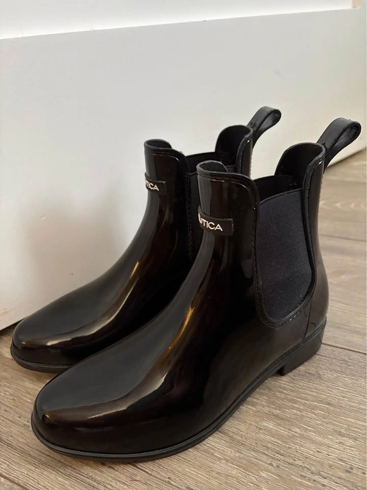Nautica Black Chelsea Ankle Rain Boots Glossy Waterproof Booties - photo 2