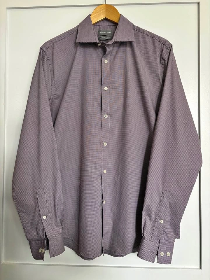 Michael Kors Slim Fit Burgundy Check Dress Shirt Men's Large